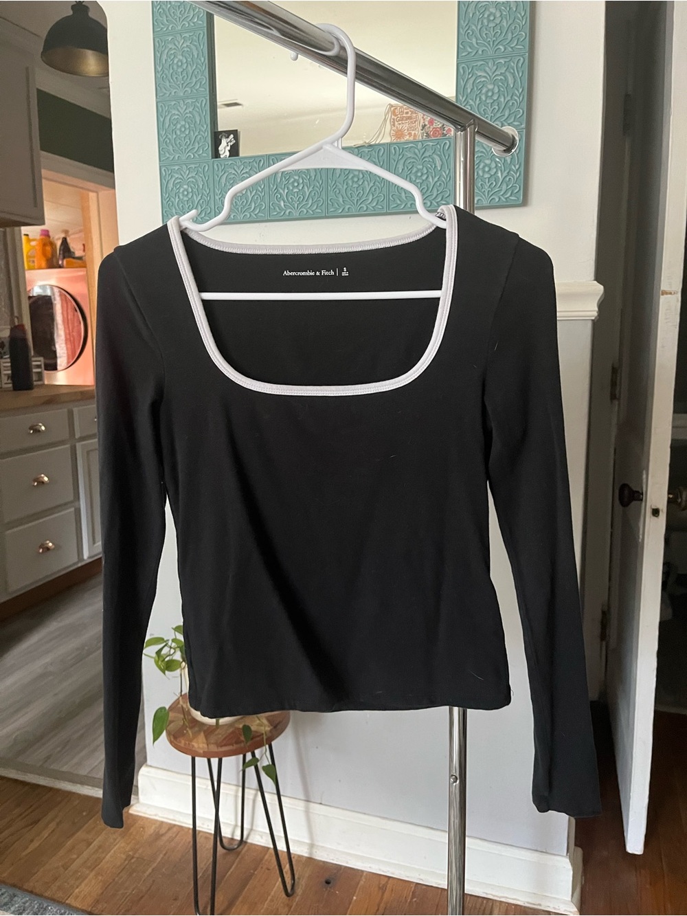 Abercrombie & Fitch Black Long-Sleeve Square Neck Top with White Trim